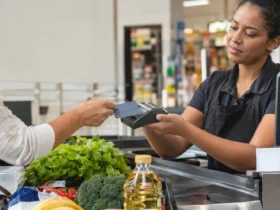 Cliente faz compra no supermercado, maquininha informa pagamento recusado e valor é descontado duas vezes da conta: quem deve devolver o dinheiro? Cena ilustrativa de cartões e pagamentos: caixa de supermercado brasileiro com máquina de cartão genérica sem tela legível, cesta com alimentos e duas vias de comprovante em branco