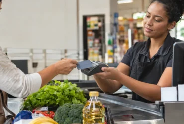 Cena ilustrativa de cartões e pagamentos: caixa de supermercado brasileiro com máquina de cartão genérica sem tela legível, cesta com alimentos e duas vias de comprovante em branco