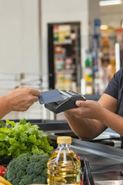 Cena ilustrativa de cartões e pagamentos: caixa de supermercado brasileiro com máquina de cartão genérica sem tela legível, cesta com alimentos e duas vias de comprovante em branco