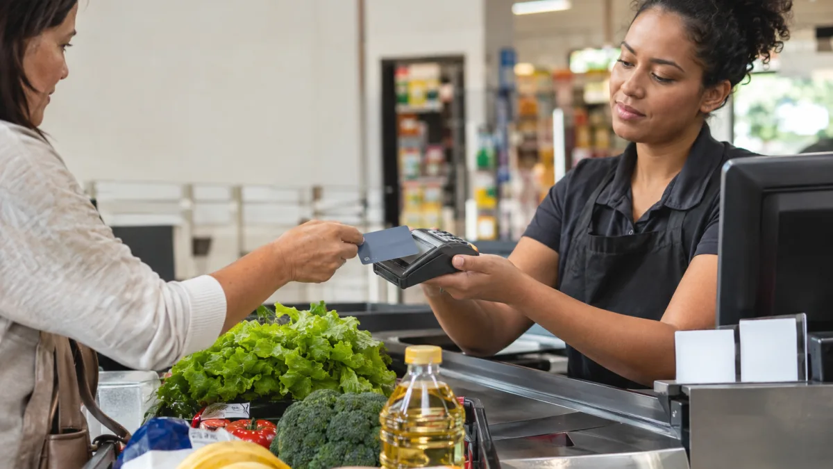 Cliente faz compra no supermercado, maquininha informa pagamento recusado e valor é descontado duas vezes da conta: quem deve devolver o dinheiro? Cena ilustrativa de cartões e pagamentos: caixa de supermercado brasileiro com máquina de cartão genérica sem tela legível, cesta com alimentos e duas vias de comprovante em branco