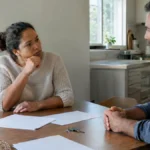 Cena ilustrativa de conta conjunta e separação: duas pessoas adultas em lados opostos de uma mesa de cozinha, documentos bancários em branco e chaves de casa entre elas