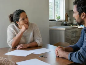 Casal se separa, ex-marido continua usando o cheque especial da conta conjunta e mulher recebe cobrança de uma dívida que afirma não ter feito Cena ilustrativa de conta conjunta e separação: duas pessoas adultas em lados opostos de uma mesa de cozinha, documentos bancários em branco e chaves de casa entre elas