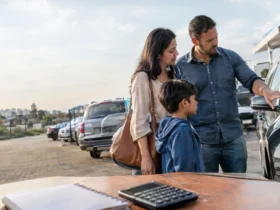 Família guarda dinheiro durante anos na poupança para comprar um carro e descobre saldo menor do que esperava ao tentar realizar o sonho Cena ilustrativa de poupança e rendimentos: família brasileira olhando um carro usado em estacionamento aberto, com caderneta sem texto e calculadora sobre mesa em primeiro plano