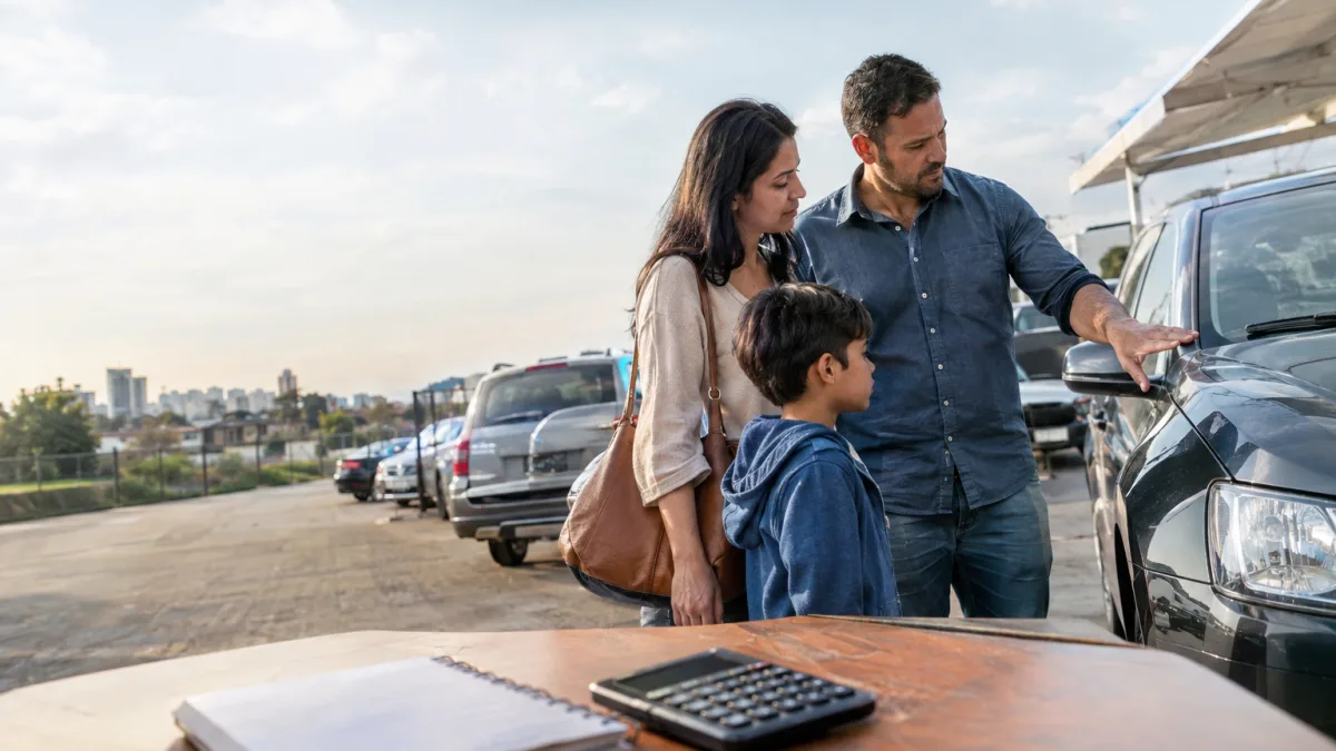 Família guarda dinheiro durante anos na poupança para comprar um carro e descobre saldo menor do que esperava ao tentar realizar o sonho Cena ilustrativa de poupança e rendimentos: família brasileira olhando um carro usado em estacionamento aberto, com caderneta sem texto e calculadora sobre mesa em primeiro plano