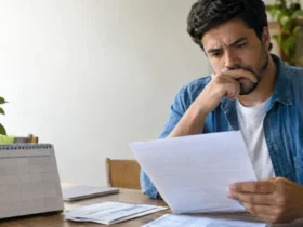 Cena ilustrativa de descontos e créditos bancários: funcionário brasileiro observando holerite em branco e extrato abstrato ao lado de calendário doméstico sem números legíveis
