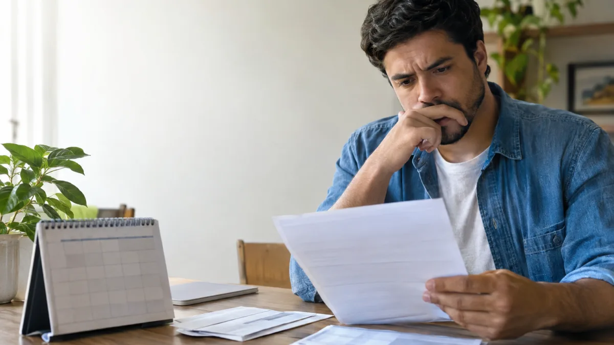 Trabalhador recebe participação nos lucros da empresa e descobre que o banco utilizou o depósito para quitar uma dívida antiga sem nova autorização Cena ilustrativa de descontos e créditos bancários: funcionário brasileiro observando holerite em branco e extrato abstrato ao lado de calendário doméstico sem números legíveis