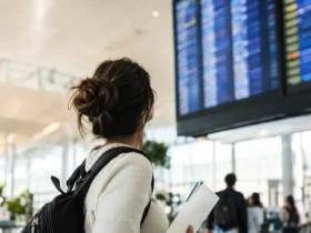Mulher compra passagens aéreas parceladas, companhia cancela o voo e banco continua cobrando prestações mesmo depois do pedido de reembolso Cena ilustrativa de passagens aéreas e cartão: passageira em aeroporto brasileiro de costas olhando painel totalmente ilegível, segurando envelope com bilhetes sem escrita