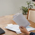 Cena ilustrativa de investimentos e liquidez: mão de consumidor com envelope de despesas médicas sem textos e tablet desligado ao lado de documentos financeiros genéricos