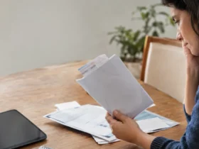 Cliente aplica dinheiro em investimento anunciado com liquidez diária, mas descobre restrição para sacar quando precisa pagar uma despesa médica Cena ilustrativa de investimentos e liquidez: mão de consumidor com envelope de despesas médicas sem textos e tablet desligado ao lado de documentos financeiros genéricos