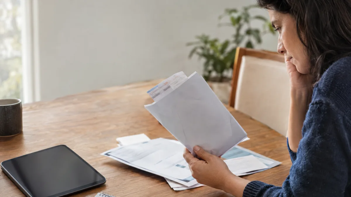 Cena ilustrativa de investimentos e liquidez: mão de consumidor com envelope de despesas médicas sem textos e tablet desligado ao lado de documentos financeiros genéricos
