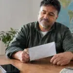 Cena ilustrativa de câmbio e remessas internacionais: pai brasileiro à mesa com envelope para filho no exterior e mapa-múndi sem letras ao fundo, smartphone com tela apagada