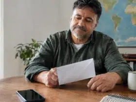 Pai transfere dinheiro para o filho que estuda no exterior e descobre cobrança de tarifas e conversão de moeda diferentes das condições que esperava Cena ilustrativa de câmbio e remessas internacionais: pai brasileiro à mesa com envelope para filho no exterior e mapa-múndi sem letras ao fundo, smartphone com tela apagada