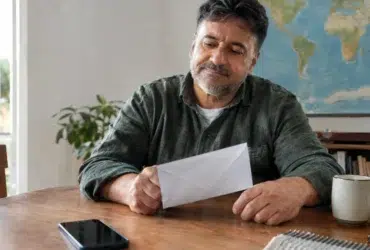 Cena ilustrativa de câmbio e remessas internacionais: pai brasileiro à mesa com envelope para filho no exterior e mapa-múndi sem letras ao fundo, smartphone com tela apagada