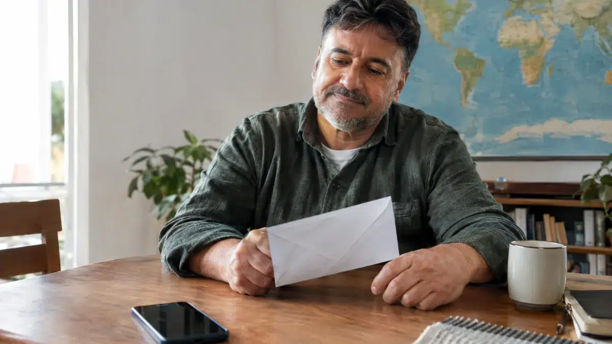 Cena ilustrativa de câmbio e remessas internacionais: pai brasileiro à mesa com envelope para filho no exterior e mapa-múndi sem letras ao fundo, smartphone com tela apagada