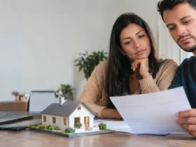 Casal deixa prestação do financiamento imobiliário no débito automático, mas banco não realiza pagamento e cobra juros pelo atraso Cena ilustrativa de financiamento e débito automático: casal observando boleto habitacional em branco diante de maquete pequena de casa, calendário desfocado e tela de banco apagada