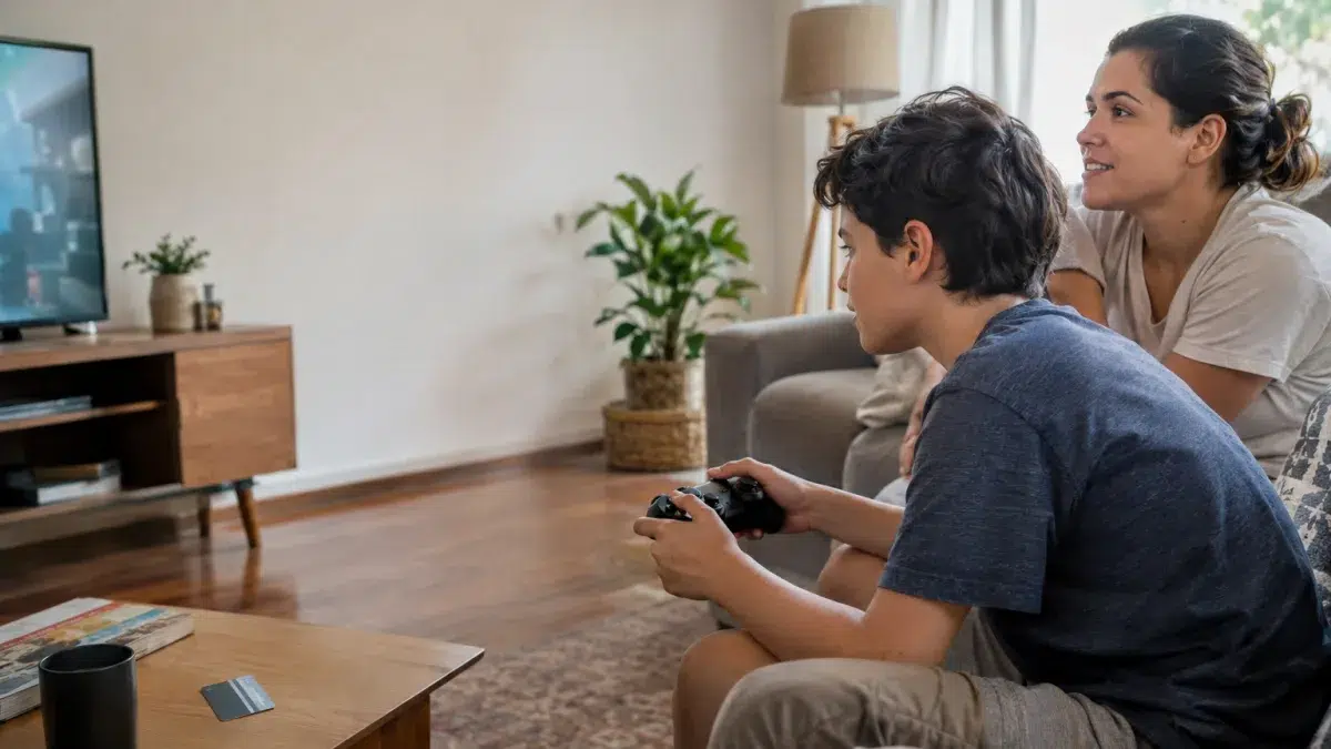 Cena ilustrativa de jogos digitais e cobranças: mãe e filho em sofá de casa brasileira, controle de videogame sem marca e cartão genérico sobre mesa, televisão sem conteúdo legível