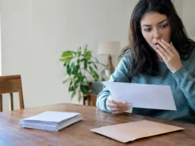 Cena ilustrativa de renegociação e quitação: mesa com envelope de acordo financeiro sem letras, pilha de comprovantes em branco e pessoa surpresa diante de correspondência genérica