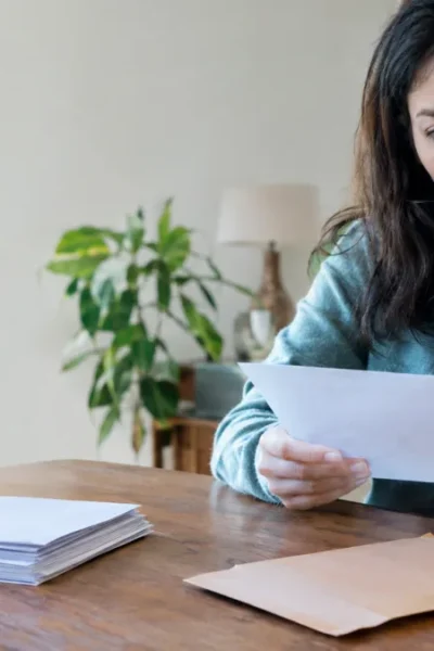 Cena ilustrativa de renegociação e quitação: mesa com envelope de acordo financeiro sem letras, pilha de comprovantes em branco e pessoa surpresa diante de correspondência genérica