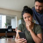 Cena ilustrativa de pix recebido e segurança: família em cozinha de casa brasileira olhando celular apagado, dinheiro não visível e expressão de dúvida, sem texto ou logomarca