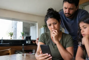 Cena ilustrativa de pix recebido e segurança: família em cozinha de casa brasileira olhando celular apagado, dinheiro não visível e expressão de dúvida, sem texto ou logomarca