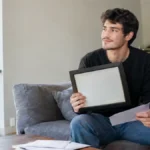 Cena ilustrativa de contas universitárias e tarifas: jovem graduado em apartamento com diploma em moldura sem escrita, correspondência bancária genérica e mochila de faculdade ao lado