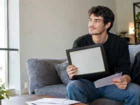Cena ilustrativa de contas universitárias e tarifas: jovem graduado em apartamento com diploma em moldura sem escrita, correspondência bancária genérica e mochila de faculdade ao lado