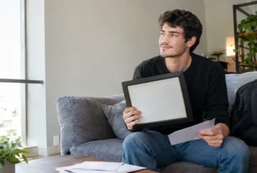Cena ilustrativa de contas universitárias e tarifas: jovem graduado em apartamento com diploma em moldura sem escrita, correspondência bancária genérica e mochila de faculdade ao lado