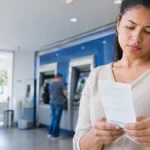 Cena ilustrativa de saques não reconhecidos e provas: cliente em agência bancária genérica olhando extrato impresso sem texto, caixa eletrônico desfocado ao fundo, sem marcas