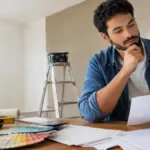 Cena ilustrativa de refinanciamento e custo do crédito: consumidor reformando casa simples brasileira, ferramentas e amostras de tinta ao fundo, documentos de empréstimo em branco sobre mesa