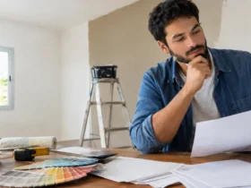 Cena ilustrativa de refinanciamento e custo do crédito: consumidor reformando casa simples brasileira, ferramentas e amostras de tinta ao fundo, documentos de empréstimo em branco sobre mesa