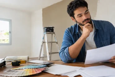 Cena ilustrativa de refinanciamento e custo do crédito: consumidor reformando casa simples brasileira, ferramentas e amostras de tinta ao fundo, documentos de empréstimo em branco sobre mesa