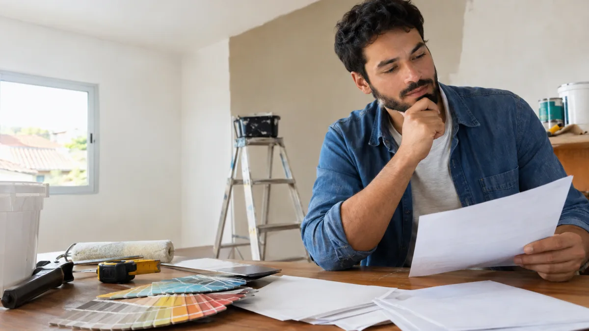Consumidor contrata empréstimo para reformar a casa, aceita refinanciamento pelo aplicativo e descobre que o saldo devedor aumentou apesar das parcelas pagas Cena ilustrativa de refinanciamento e custo do crédito: consumidor reformando casa simples brasileira, ferramentas e amostras de tinta ao fundo, documentos de empréstimo em branco sobre mesa